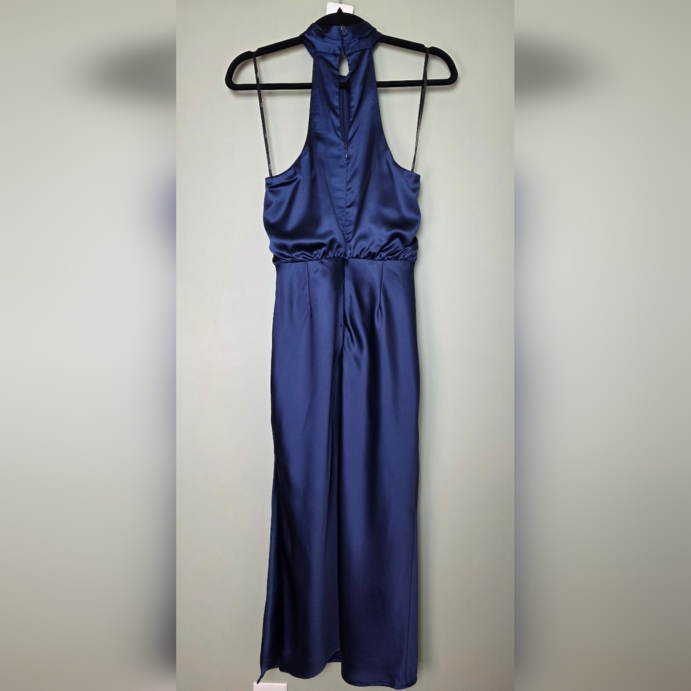 Lulus Jacey Navy Satin Halter Midi Dress, Size Small - Picture 6 of 10